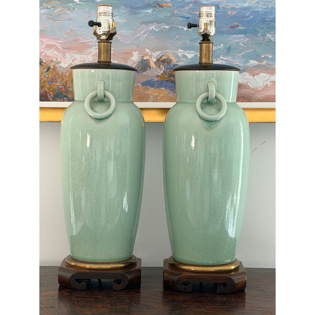 Frederick Cooper Vintage Frederick Cooper Crackle-Glazed Celadon Porcelain Table Lamps For Sale - Image 4 of 14