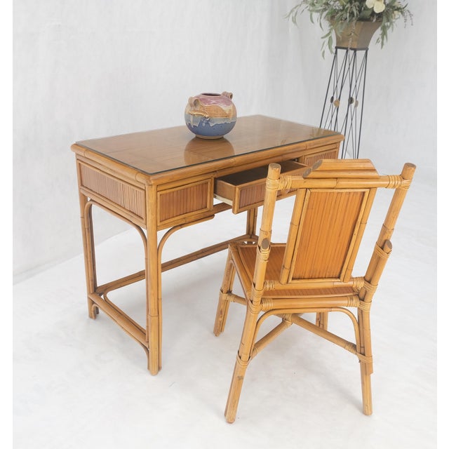 McGuire Light Amber Bamboo Glass Top One Drawer Low Profile Compact Desk with Chair MINT - Set of 2 For Sale - Image 4 of 12