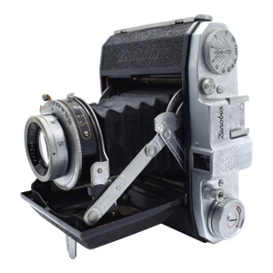 20thC Mid-Century Modern Zenobia Folding Camera With Chrome & Textured Leatherette Body