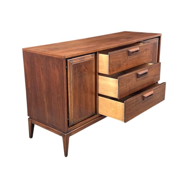 Mid-Century Modern Walnut Buffet With Sculpted Drawer Pulls- Restored For Sale - Image 9 of 13
