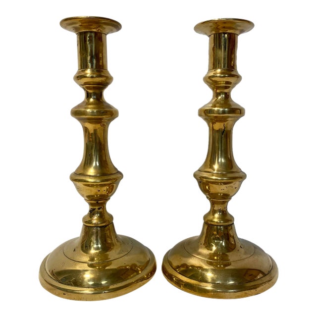 Pair of Antique 19th Century Brass Push-Up Candlesticks From England For Sale