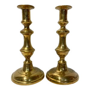 Pair of Antique 19th Century Brass Push-Up Candlesticks From England