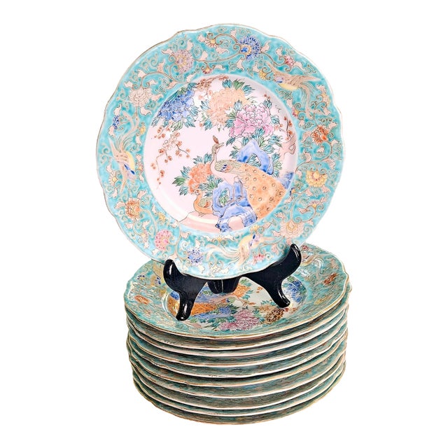 Early 20th Century Japanese Polychrome Teal and Orange Peacock Deep Plates- Set of 10 For Sale