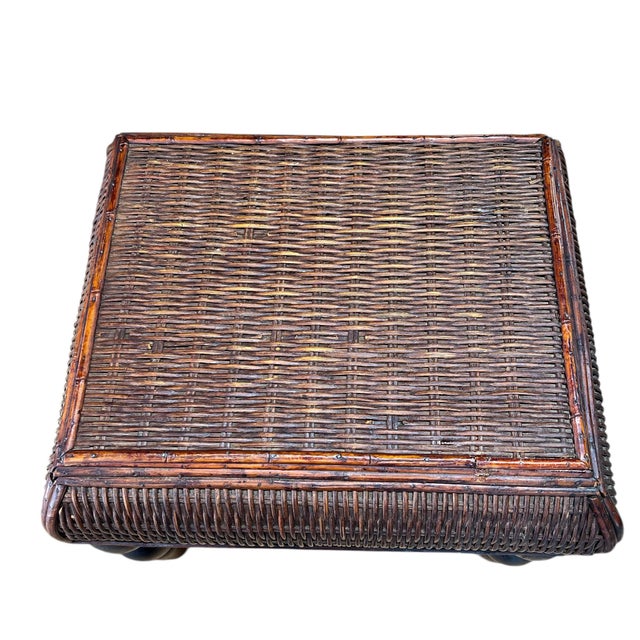 Vintage Bamboo and Woven Rattan British Colonial Style Footstool For Sale - Image 6 of 12