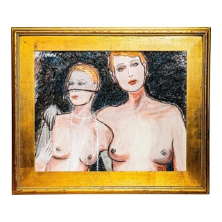 Evocative Boho Style Nude Female Charcoal Portrait Drawing Gold Frame For Sale