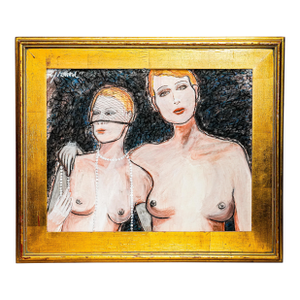 Evocative Boho Style Nude Female Charcoal Portrait Drawing Gold Frame