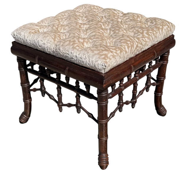 Regency Style Faux Bamboo Cut Velvet Upholstered Footstool For Sale - Image 4 of 6
