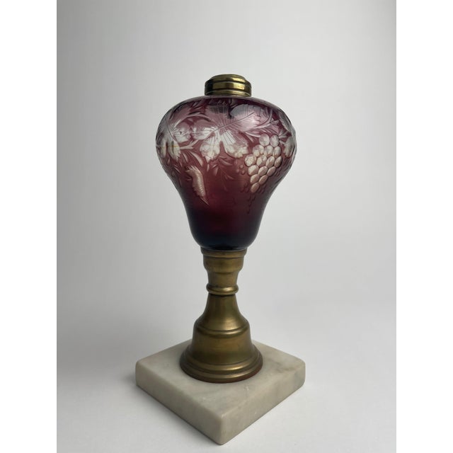 Victorian 19th Century Antique Bohemian Oil Lamp Cut Cranberry For Sale - Image 3 of 6