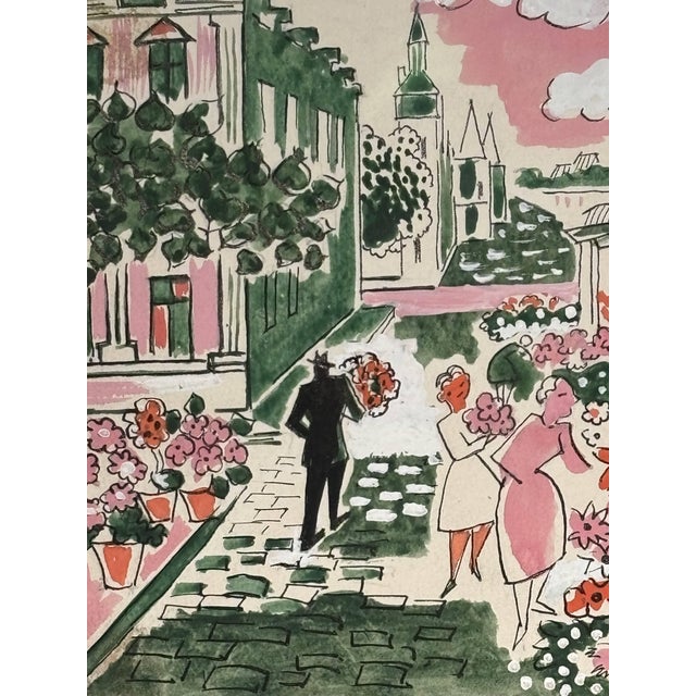 Modern Thérèse Hummel, The Flower Market, Watercolor, 20th Century For Sale - Image 3 of 12