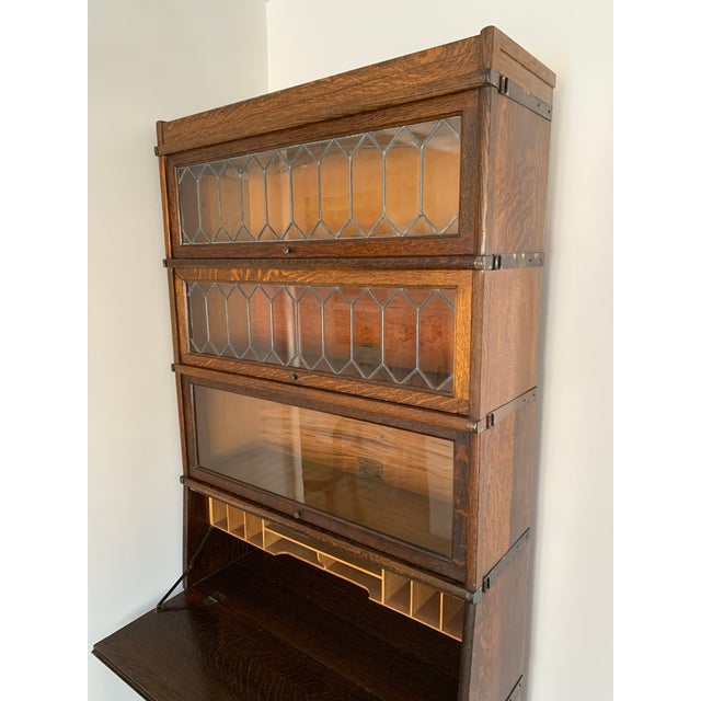 Arts & Crafts Antique Globe Wernicke Barrister Bookcase Quartersawn Oak W/ Drop Front Secretary Desk + Leaded Glass For Sale - Image 3 of 18