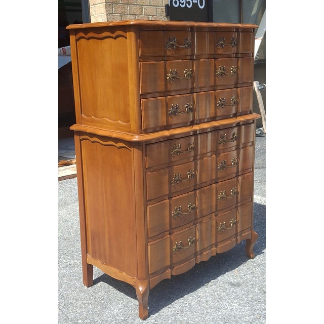 Permacraft Mid Century French Provincial Style Cherry Chest on Chest of Drawers. Features 7 drawers, all of them opening...