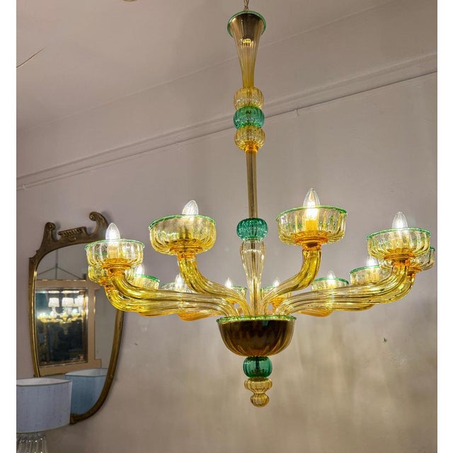 1970s Amber and Emerald Chandelier with Twelve Arms in Hand Blown Glass, 1970s, Set of 2 For Sale - Image 5 of 14