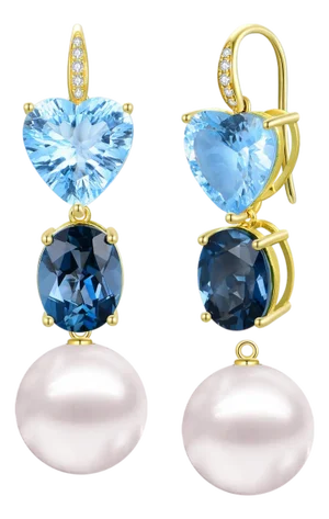 GemFusion 16.25ctw Topaz Diamond Pearl Convertible Drop Earrings in 14k Yellow Gold-Set of 2