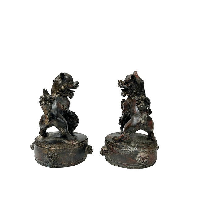 Metal Pair Vintage Rustic Metal Fengshui Foo Dog Lion Drum Base Art Figures For Sale - Image 7 of 10