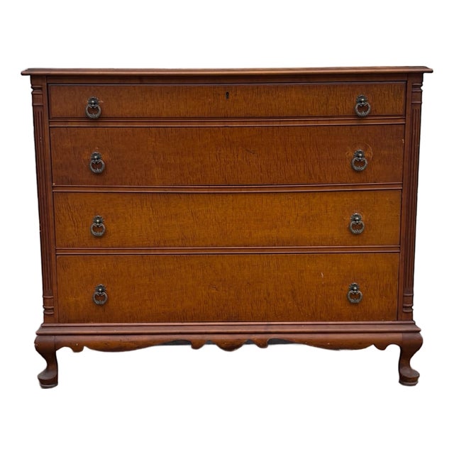 Antique Colonial Revival Dresser Chest of Drawers | 1930s Solid Wood Queen Anne Style Chest | Vintage American Bedroom Storage Furniture For Sale