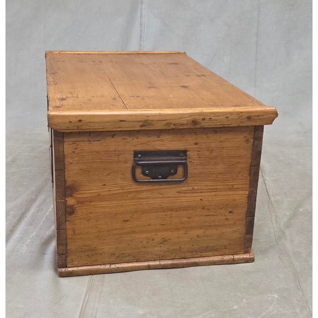 Antique German Natural Pine Storage Trunk With Original Iron Key For Sale - Image 11 of 13