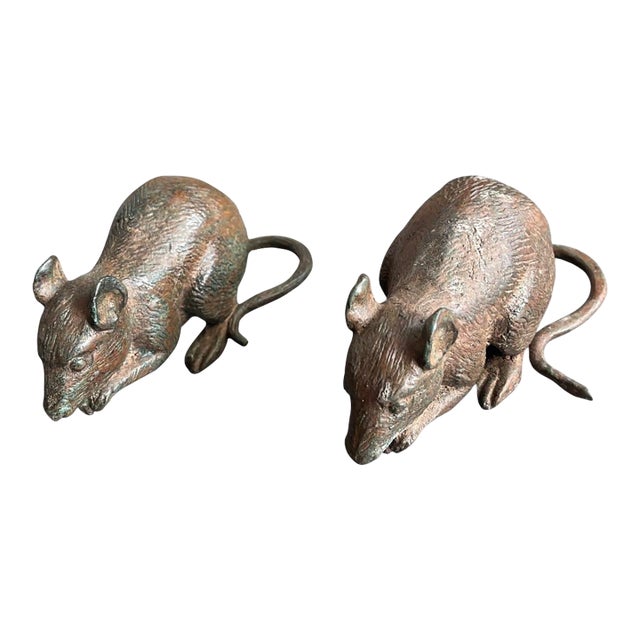 Whimsical Pair of Miniature Verdigris Bronze Mice Sculptures - a Pair For Sale