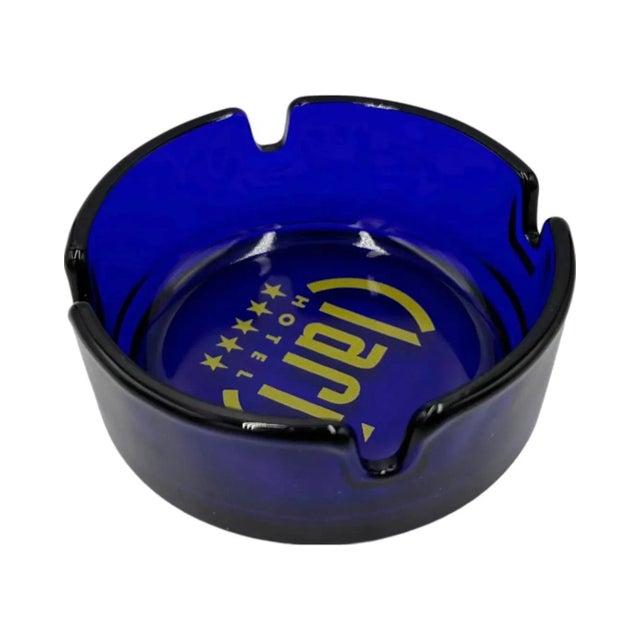Vintage Cobalt Blue Glass Claris Hotel Barcelona, Spain Ashtray For Sale - Image 4 of 12