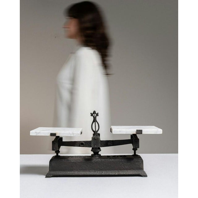 Circa 1900 French Black Cast Iron and White Marble Balance Scale With Scrolled Column For Sale - Image 4 of 7