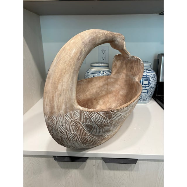 Vintage Hand Carved Wood Swan Basket Whitewashed Coastal Centerpiece Hand carved wood swan basket with etched feather...