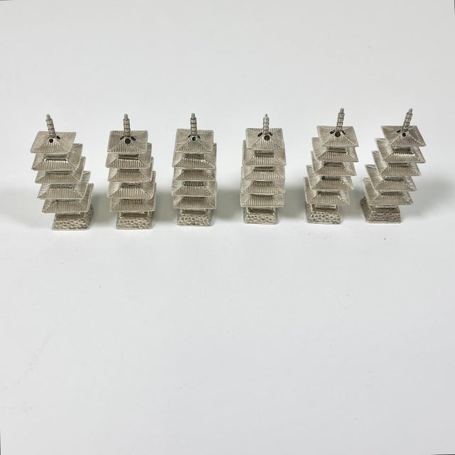 1950s 1950s Vintage Chinoiserie Chippendale Hollywood Regency Sterling Silver Pagoda Pepper Shakers - Set of 6 For Sale - Image 5 of 11