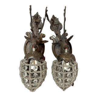 Late 20th French Louis XVI Bronze Deer Wall Lamps Sconces Pair For Sale