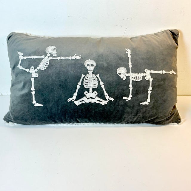American 1990s Vintage Boho Chic Skelton Yoga Lumbar Decorative Halloween Pillow, Feather-Down For Sale - Image 3 of 15