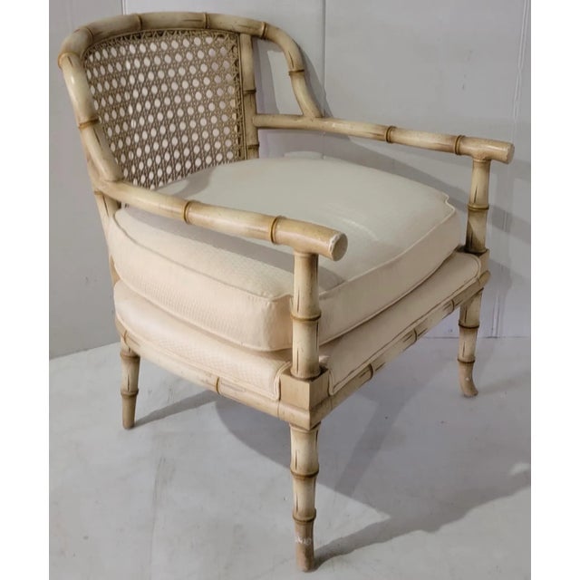 Tan Mid-Century Regency Style Faux Bamboo & Cane Bergere Chairs - Pair For Sale - Image 8 of 10