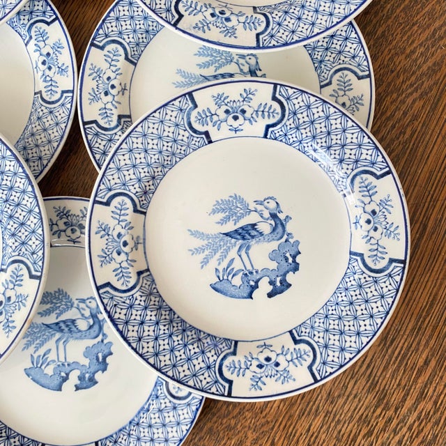 Ceramic Antique Blue & White Transferware Bread Plates by Wood & Sons Made in England "Yuan" Pattern - Set of 8 For Sale - Image 7 of 9