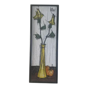 Mid 20th Century Modernist Still Life Painting of a Vase of Yellow Roses, Framed