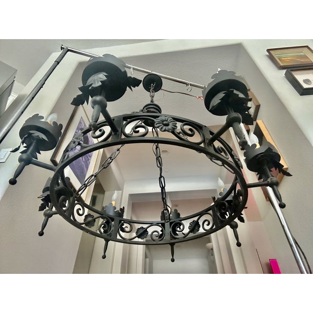 1960s Large Spanish Revival Metal Forged Black Chandelier For Sale - Image 9 of 17