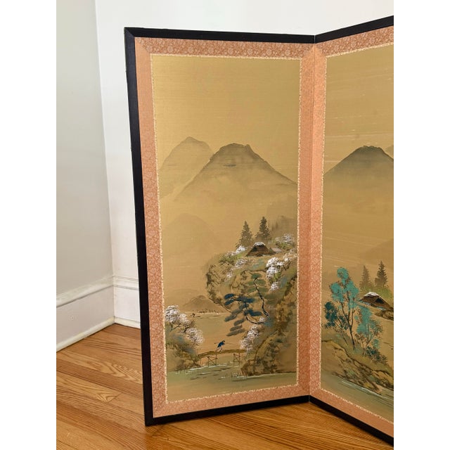 Japanese Showa Period Four Panel Byobu Screen of the Changing Seasons For Sale - Image 4 of 10