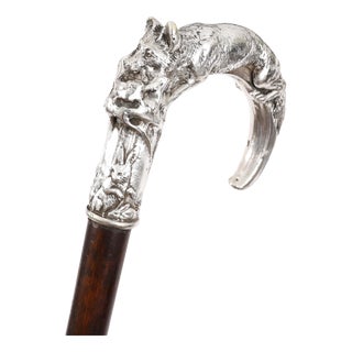 Antique Silver Fox and Hare Handled Walking Stick Cane, 19th Century For Sale