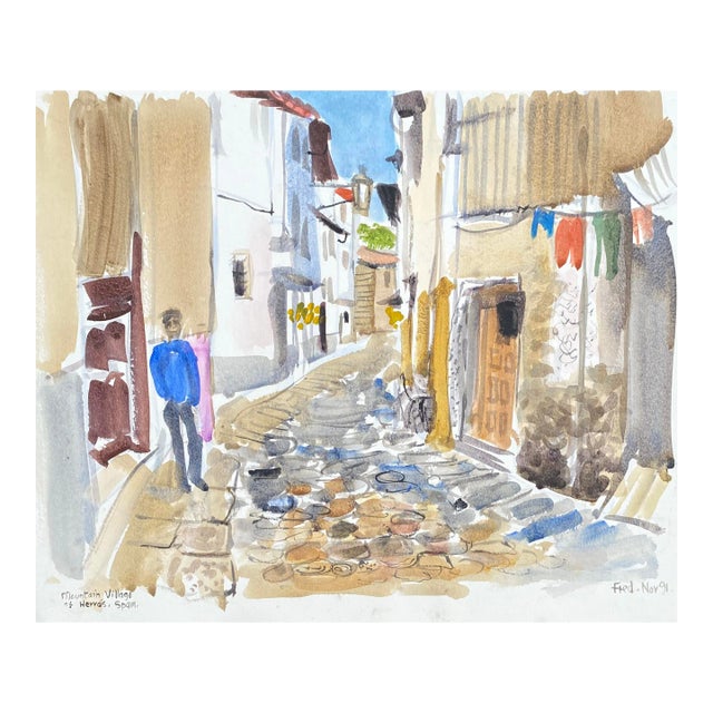 1991 Fred Atkinson Mountain Village Spanish Watercolor For Sale