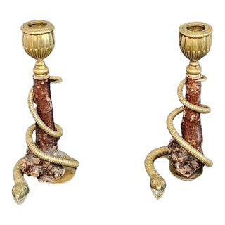 Whimsy Antique Victorian Era Brass Serpent Sculpture & Rootwood Candlestick Holders - A Pair For Sale