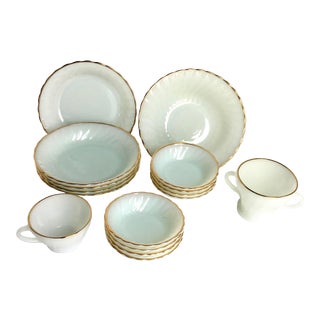 MidCentury Anchor Hocking Fire King Suburbia Shell Milk Glass Dinnerware - Set of 16 For Sale