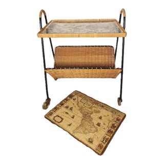 Vintage Ratten Magazine Rack Plus a Tray, Serving Trolley Side Table With 1700s World Map Motif, Rustic-Luxe Interior Decor For Sale