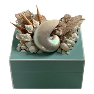 Tiffany Blue Keepsake Box-Mother-of-Pearl Nautilus, Shells & Coral For Sale