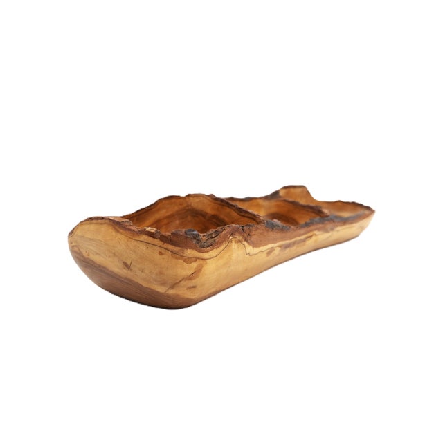 Brown Hand-Carved Peruvian Olive Wood 3-Section Serving Bowl With Live Edge 18.75"l For Sale - Image 8 of 15