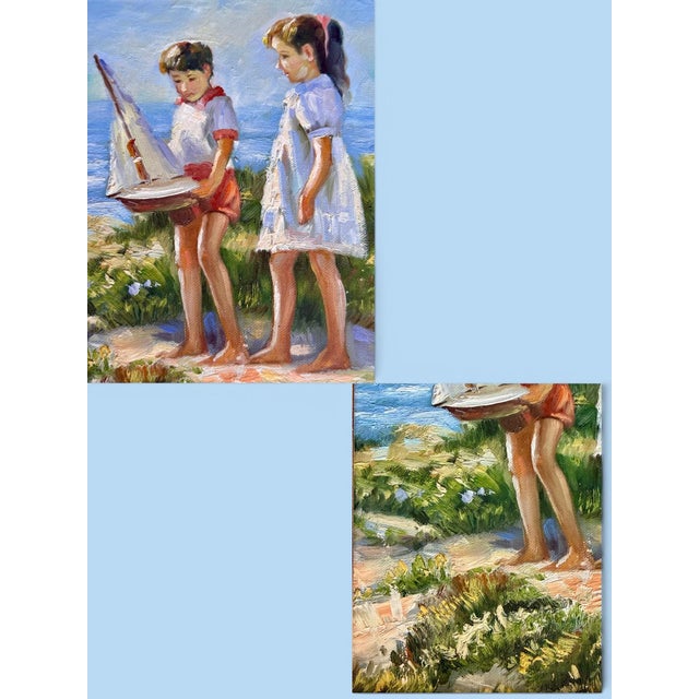 Blue Vintage Coastal Oil Painting-Children-Sailboat-Ornate Gilt Wood Frame-Art-Beach For Sale - Image 8 of 11