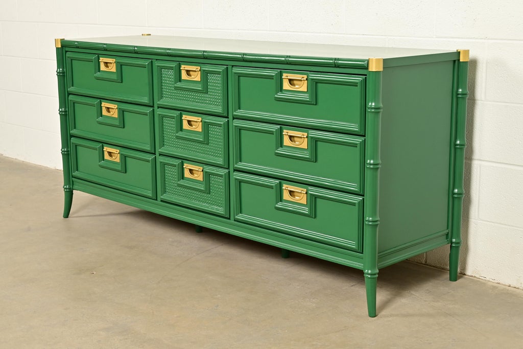 Mid-Century Hollywood Regency Campaign Green Lacquered Faux Bamboo