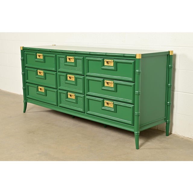 Mid-Century Modern Mid-Century Hollywood Regency Campaign Green Lacquered Faux Bamboo Triple Dresser or Credenza by Stanley, Newly Refinished For Sale - Image 3 of 16