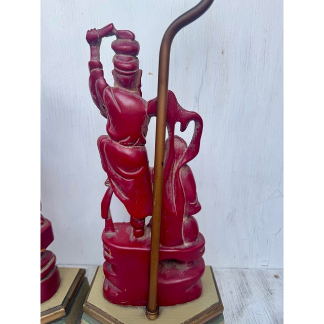 Mid 20th Century Fine Antique Carved Wood Chinese Immortals Fisherman and Deity Cinnabar Style Finish Pair Lamps For Sale - Image 5 of 12