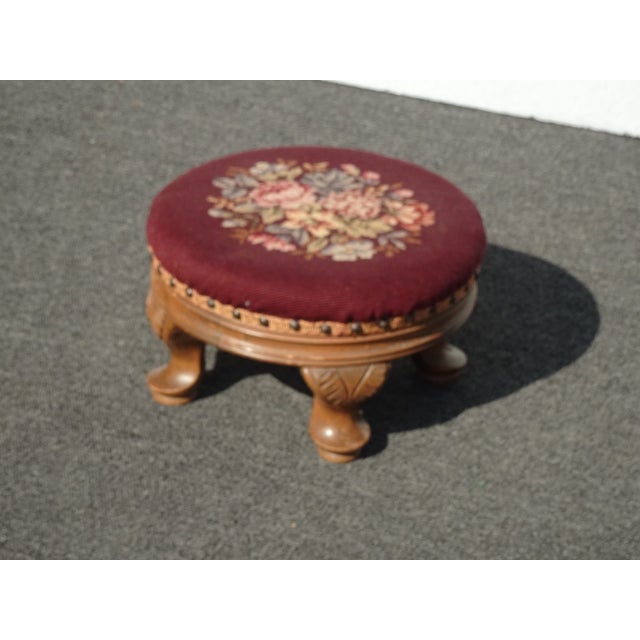 French Country Footstool ~ Vintage French Country Burgundy Floral Round Needlepoint Footstool#2 For Sale - Image 3 of 16