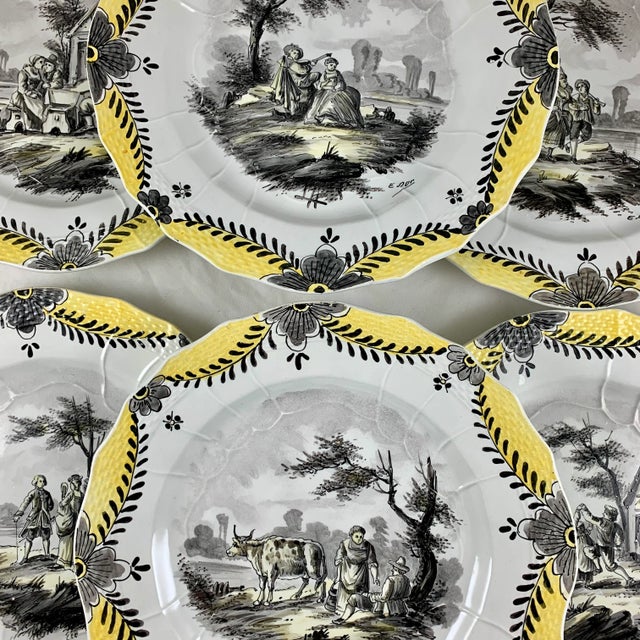 French Provincial French Faïence Hand Painted Romantic Grisaille & Cirage Plates, S/6 For Sale - Image 3 of 13