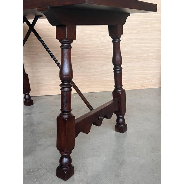 19th Spanish Side Table with Cared Turned Legs and Iron Stretcher For Sale - Image 9 of 18