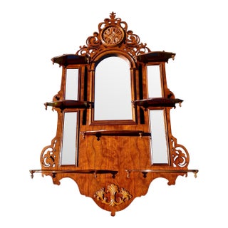 1990s Pierced Carved Wood Multi Shelf Wall with Central Arched Mirror For Sale