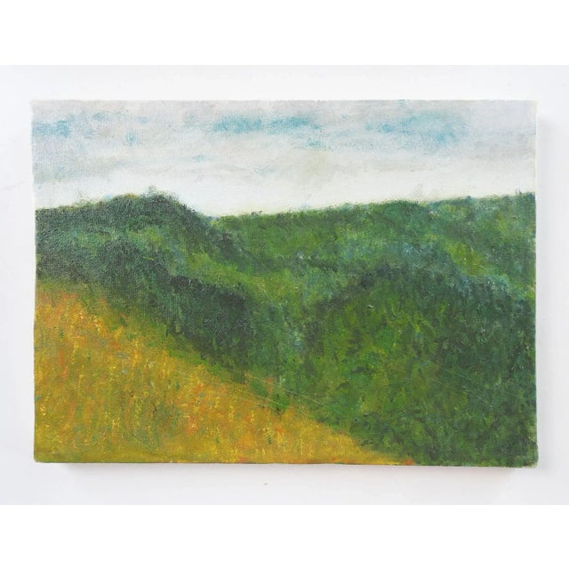 Oil on canvas impressionist painting of green hills landscape. Unsigned. Unframed.