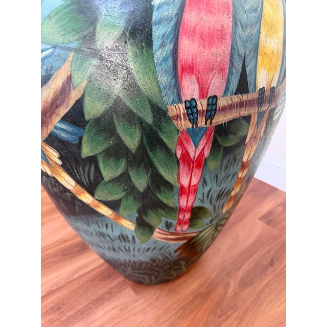 20th Century Hand-Painted Ceramic Urn With Rainforest & Parrot Motif For Sale - Image 13 of 15