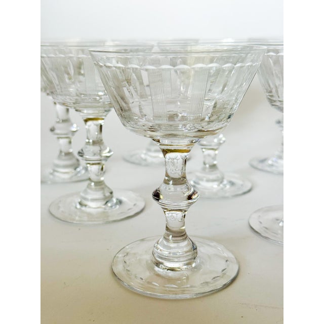 Stunning collection of 1940s Hawkes Cut Crystal Champagne or Sherbet Coupes in the Lady Alice pattern. It features...